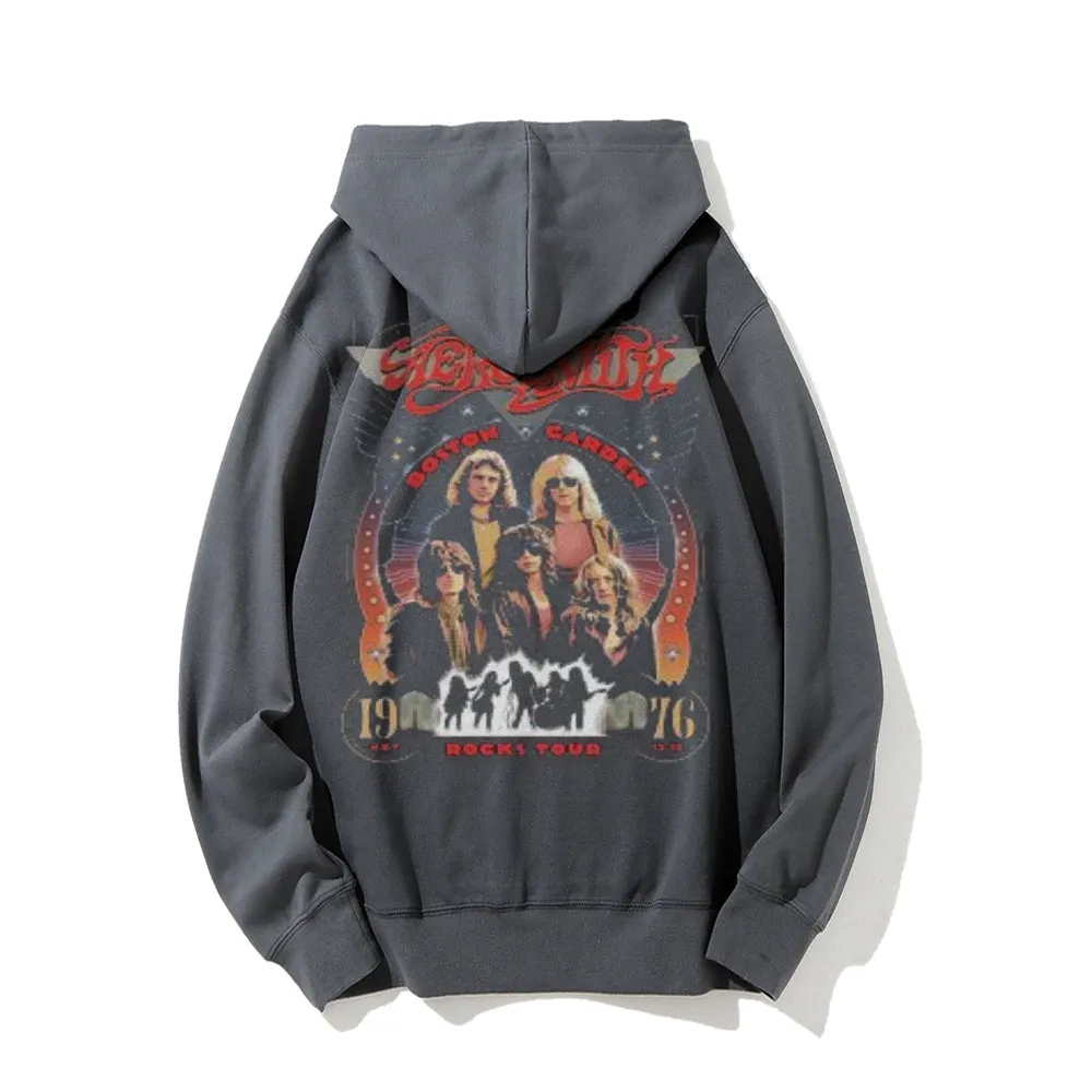 Mens Vintage Aerosmith Rocks Darkness Style Print Graphic Pullover With Kangaroo Pocket Hoodies