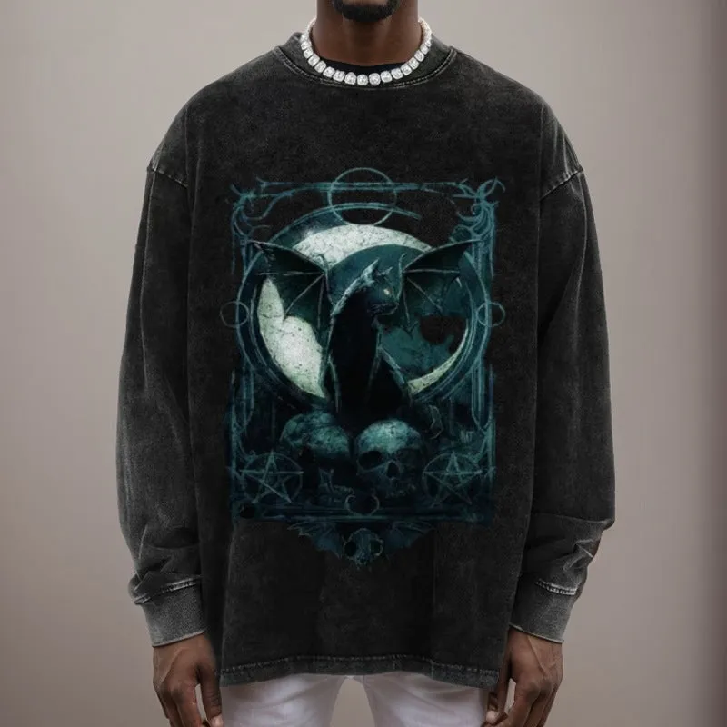 Mens Vintage Bat Cat Print Sweatshirt