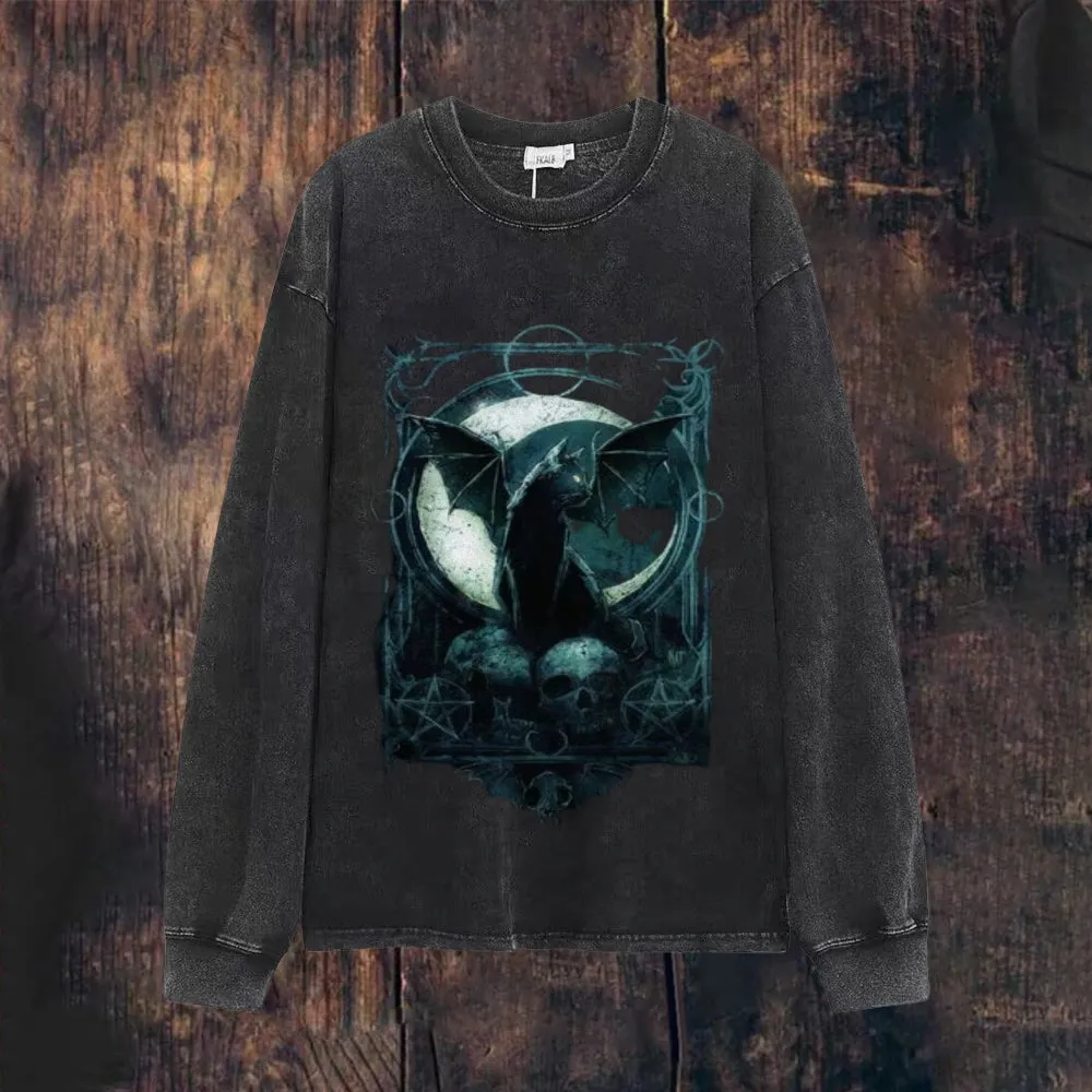 Mens Vintage Bat Cat Print Sweatshirt