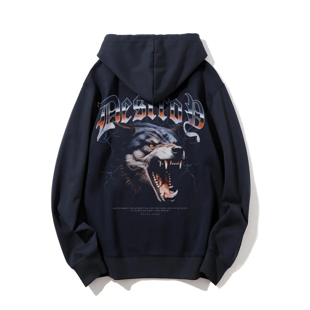 Mens Vintage Fierce Wolf Darkness Style Print Graphic Pullover With Kangaroo Pocket Hoodies