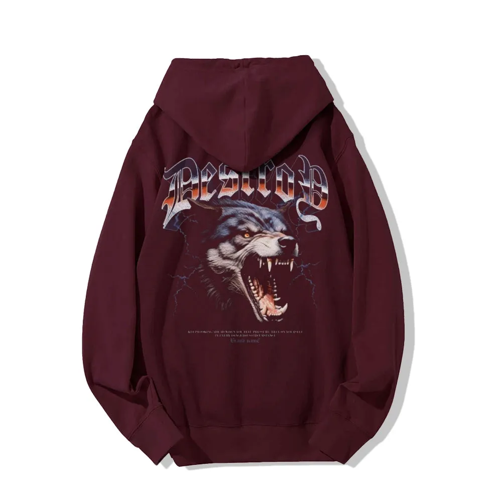 Mens Vintage Fierce Wolf Darkness Style Print Graphic Pullover With Kangaroo Pocket Hoodies