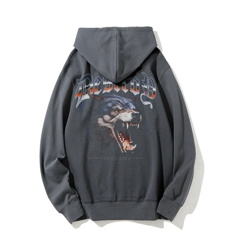 Mens Vintage Fierce Wolf Darkness Style Print Graphic Pullover With Kangaroo Pocket Hoodies