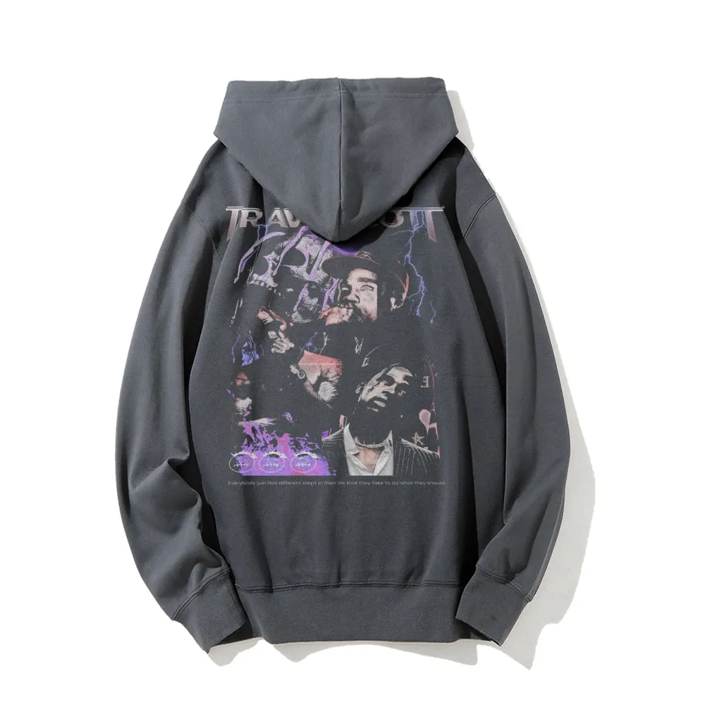 Mens Vintage Travisscott Darkness Style Print Graphic Pullover With Kangaroo Pocket Hoodies