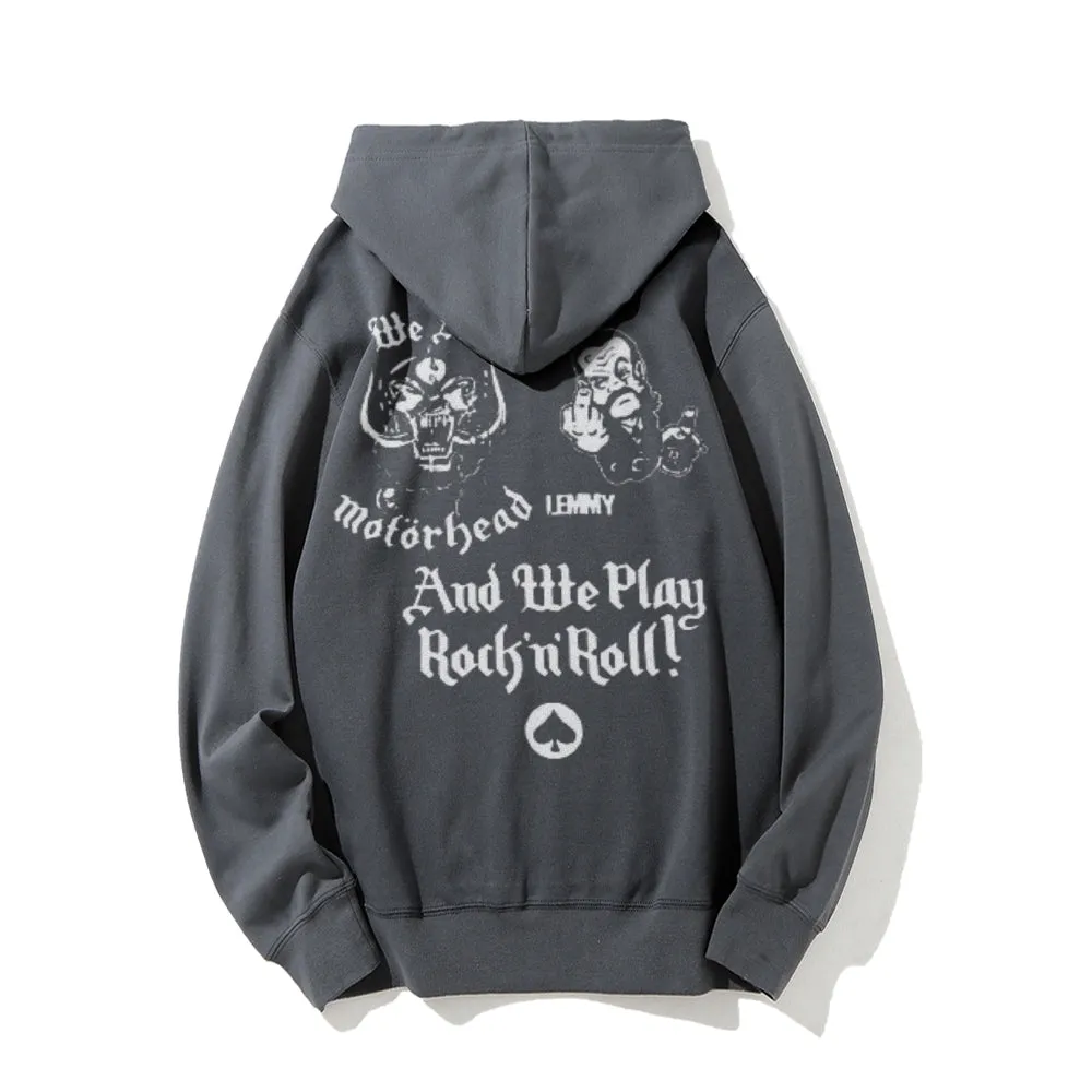 Mens Vintage We Play Rock Roll Darkness Style Print Graphic Pullover With Kangaroo Pocket Hoodies