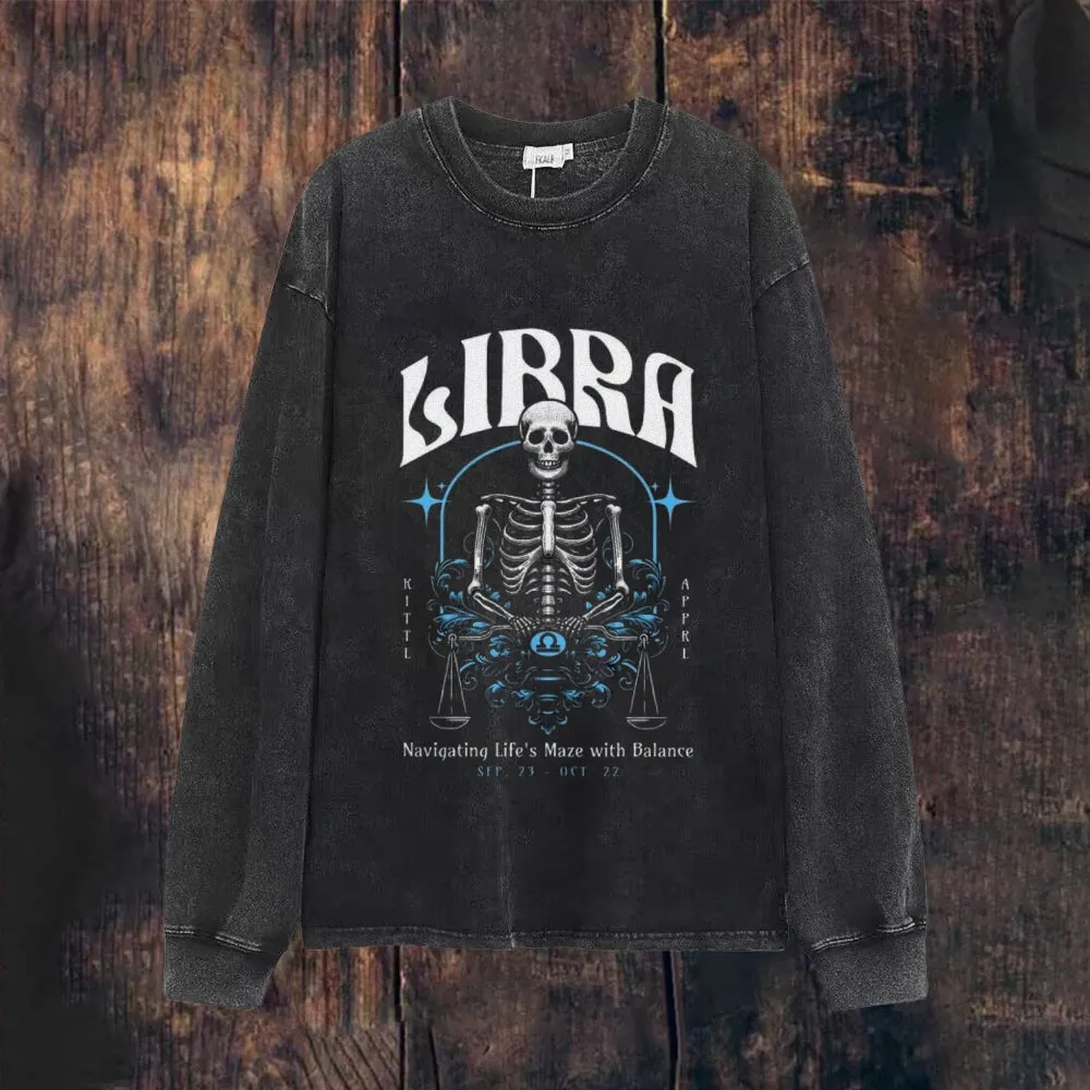 Mens Vintage Zodiac Skeleton Libra Graphic Sweatshirt