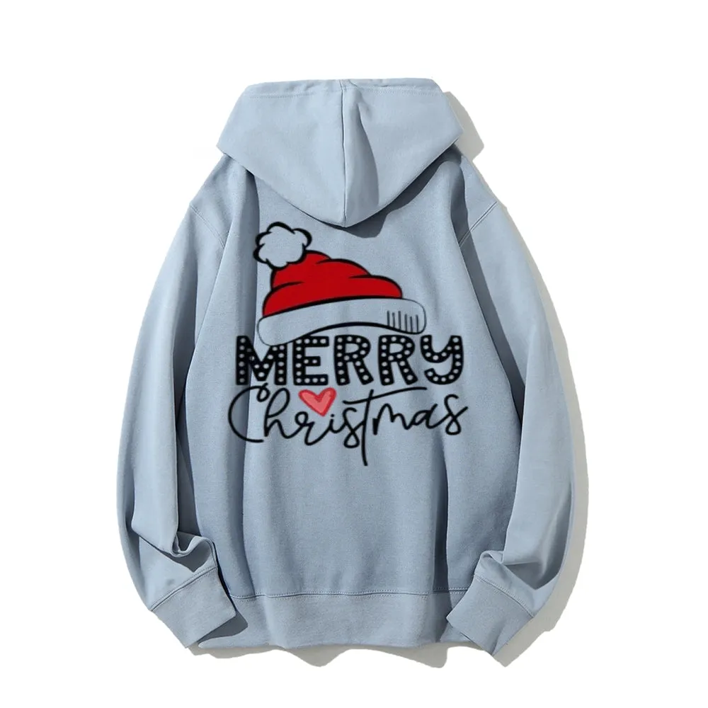 Merry Christmas Hat Graphic Pullover With Kangaroo Pocket Hoodies