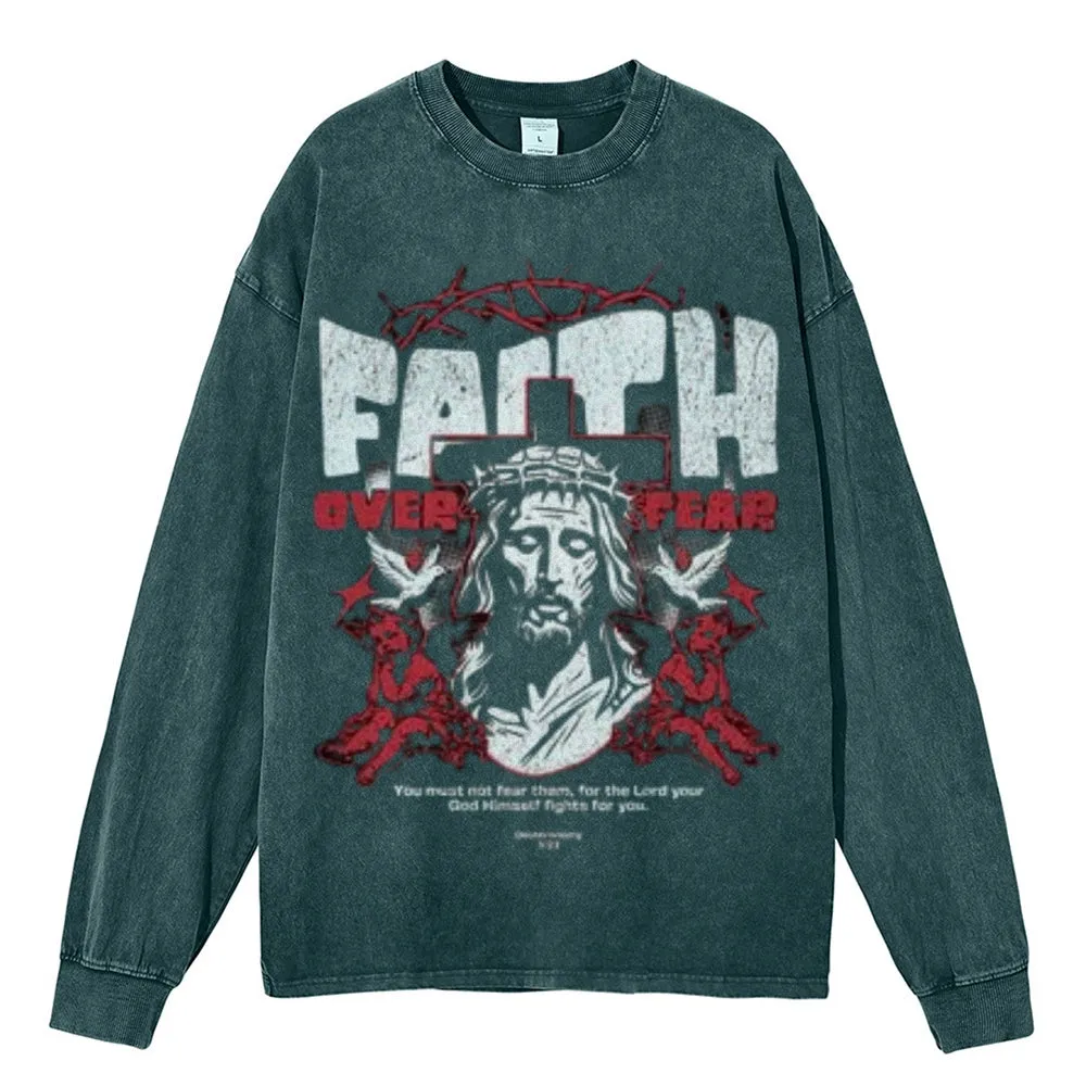 Oversized Vintage Washed Faith Over Fear Gothic Graphic Sweatshirt