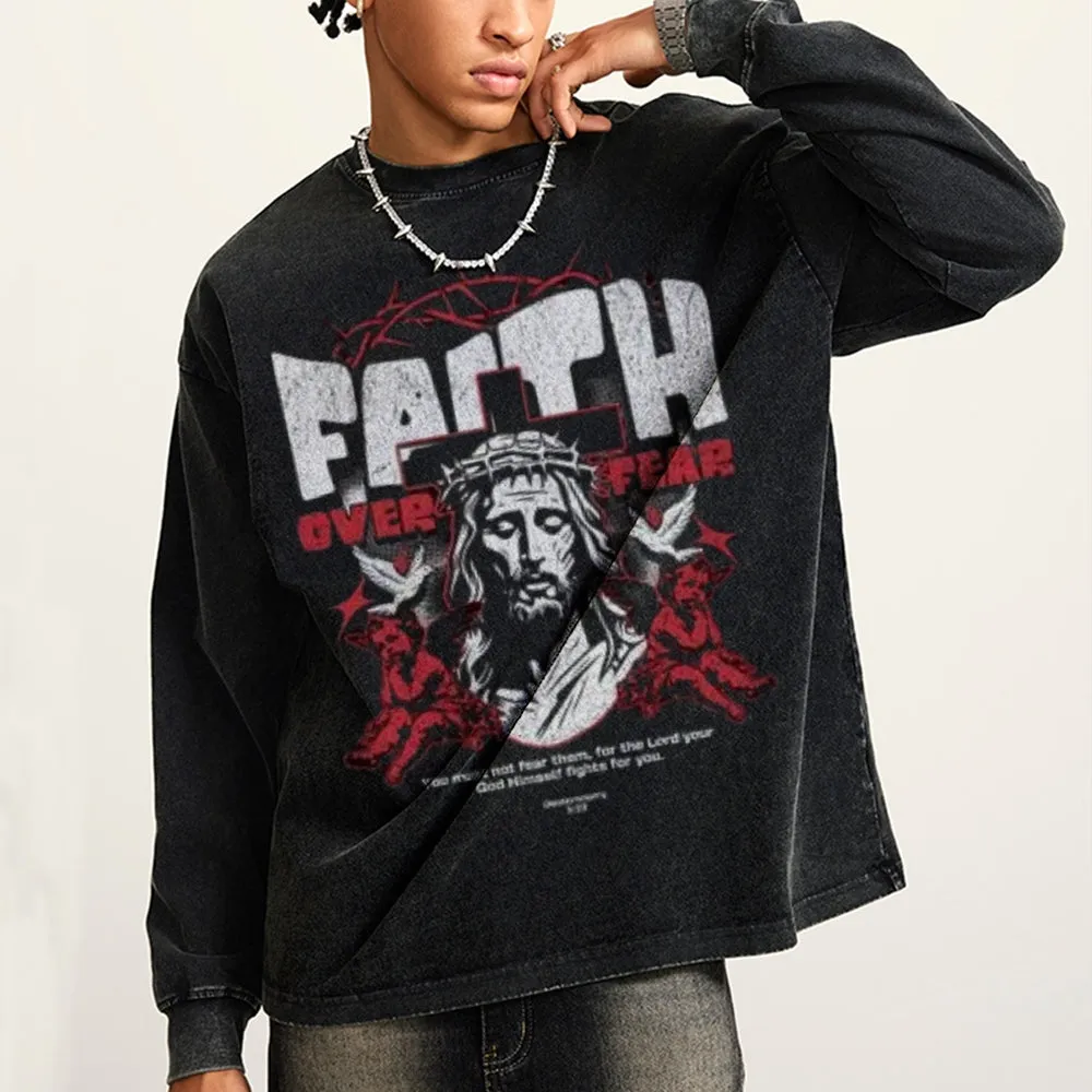 Oversized Vintage Washed Faith Over Fear Gothic Graphic Sweatshirt