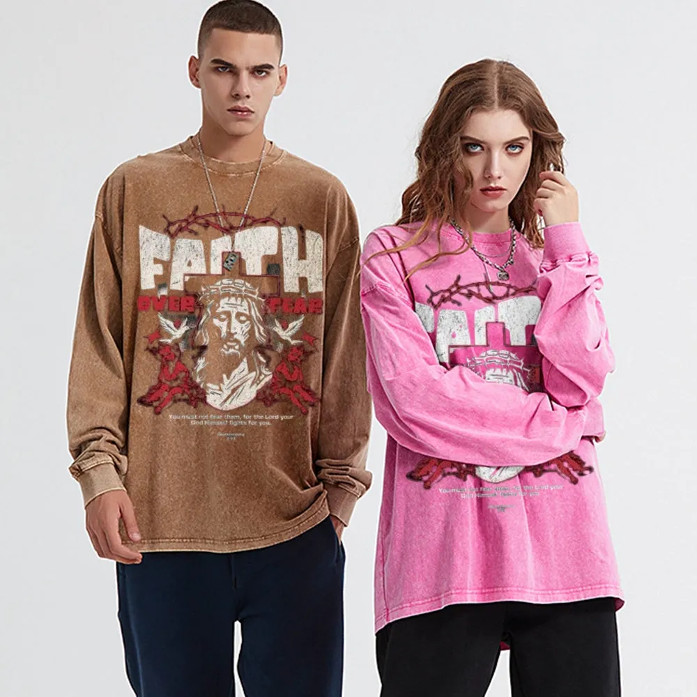 Oversized Vintage Washed Faith Over Fear Gothic Graphic Sweatshirt