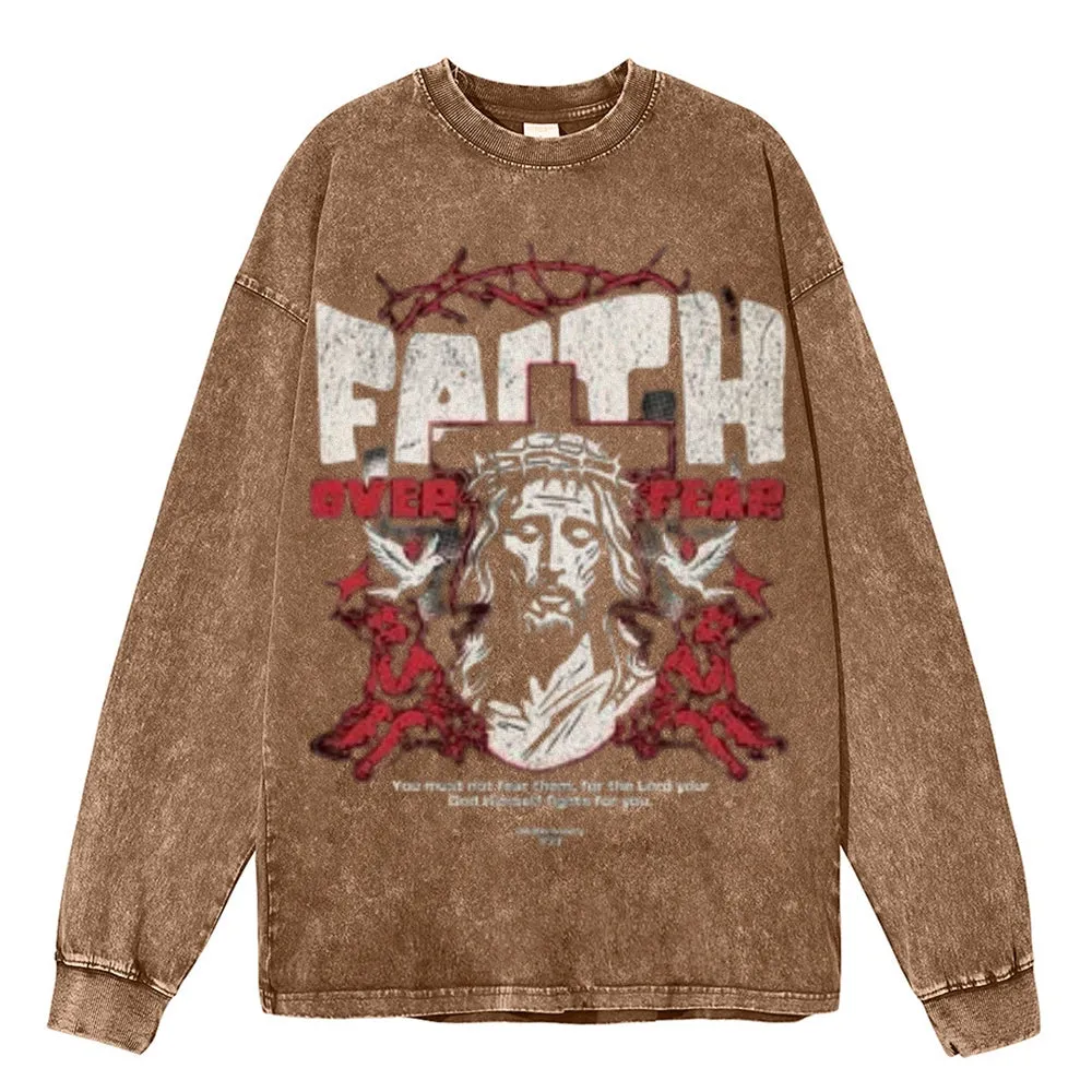 Oversized Vintage Washed Faith Over Fear Gothic Graphic Sweatshirt