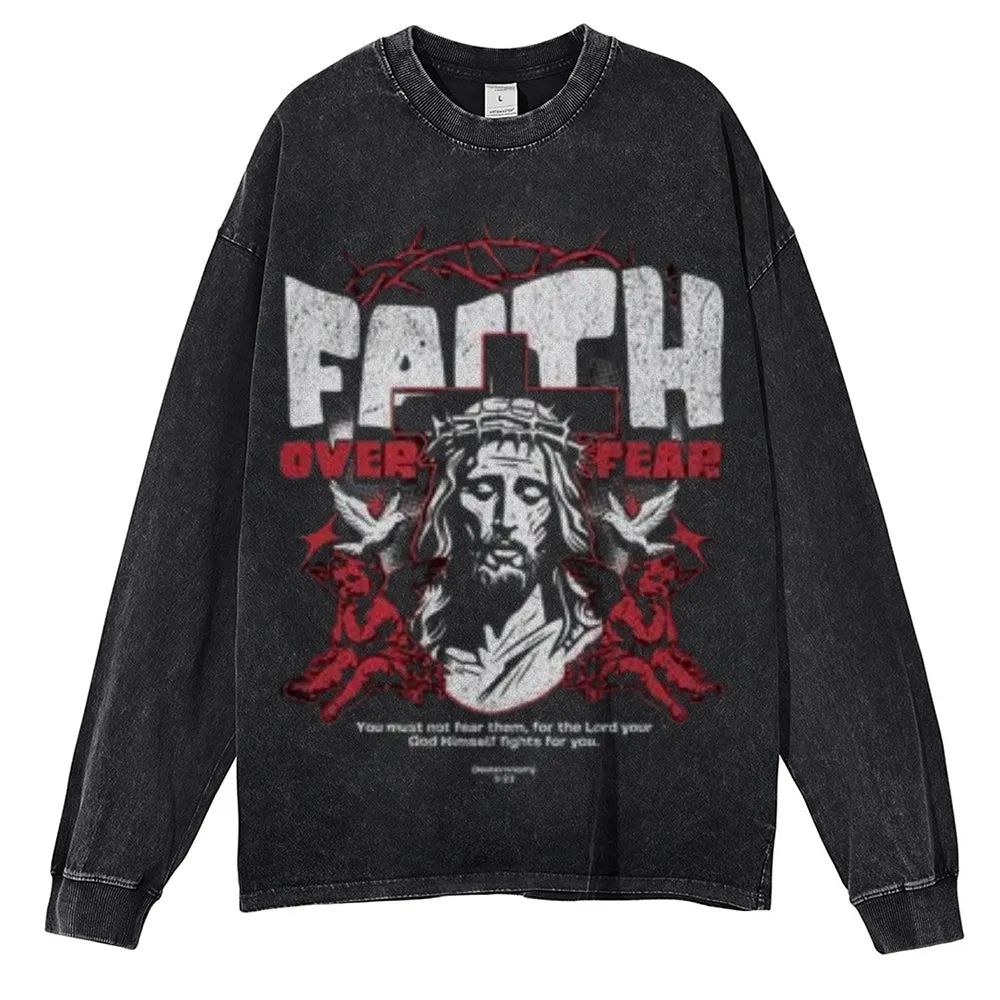 Oversized Vintage Washed Faith Over Fear Gothic Graphic Sweatshirt