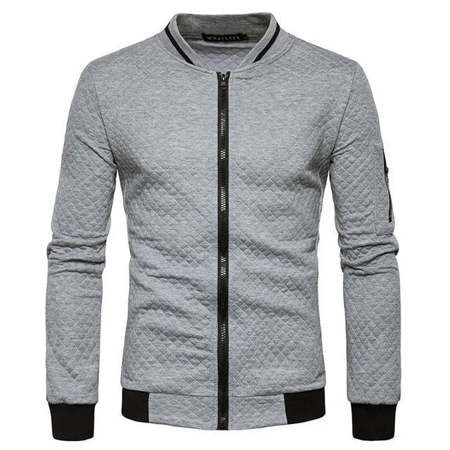 Quilt Pattern Men Stand Neck Collar Casual Slim Fit Bomber Jacket