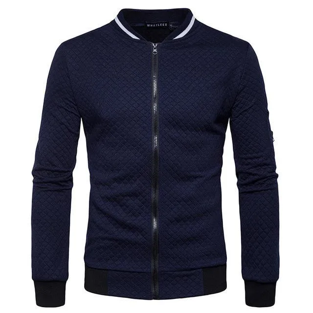 Quilt Pattern Men Stand Neck Collar Casual Slim Fit Bomber Jacket