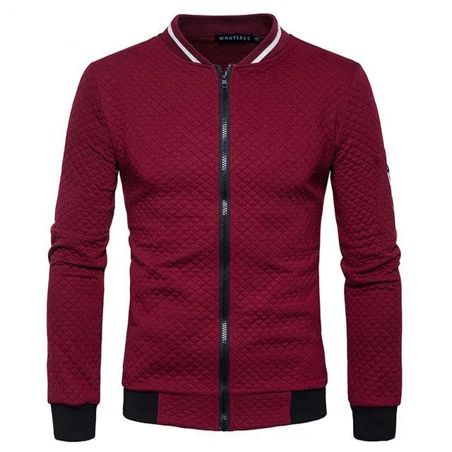 Quilt Pattern Men Stand Neck Collar Casual Slim Fit Bomber Jacket