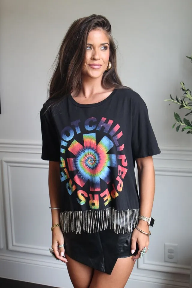 RHCP Cropped Rhinestone Fringe Tee