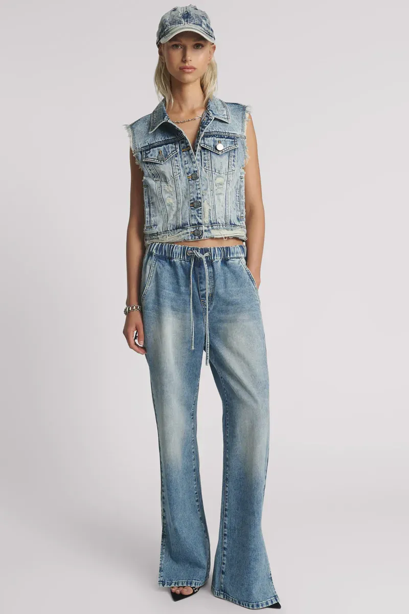 Roadhouse Wide Leg Drawstring Denim Jeans in Sunset Blue