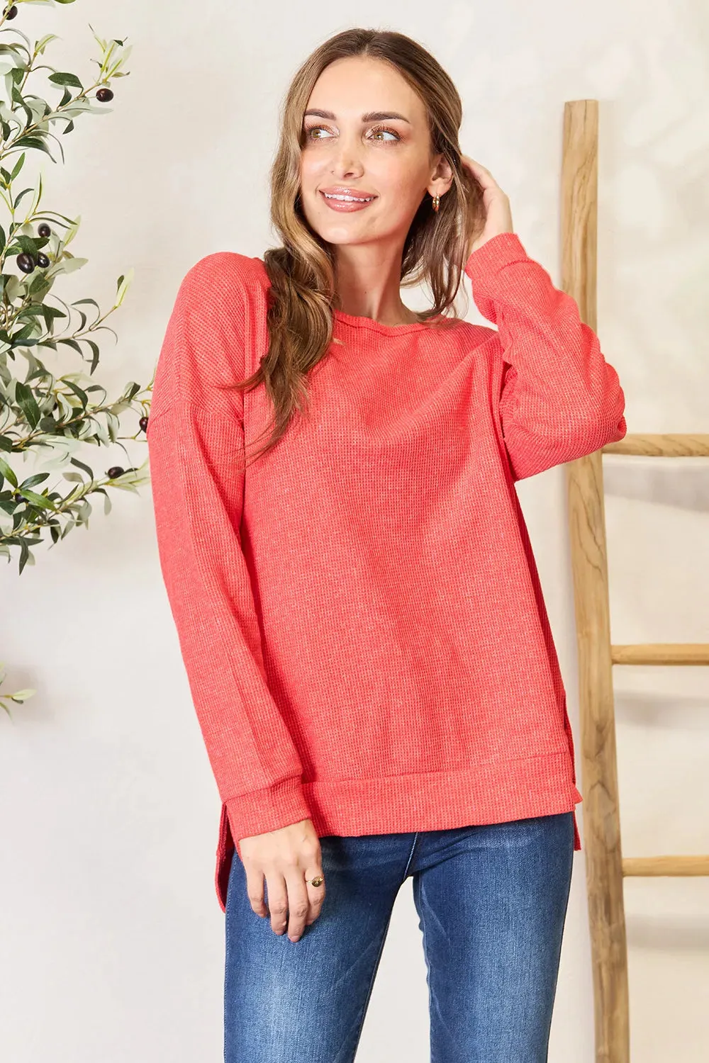 Round Neck Drop Shoulder Slit Sweatshirt