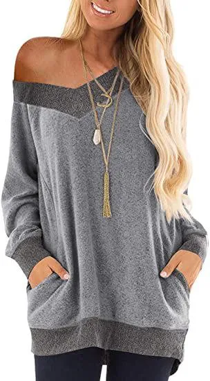 V-neck contrast pocket sweatshirt long-sleeved pullover sweatshirt casual T-shirt