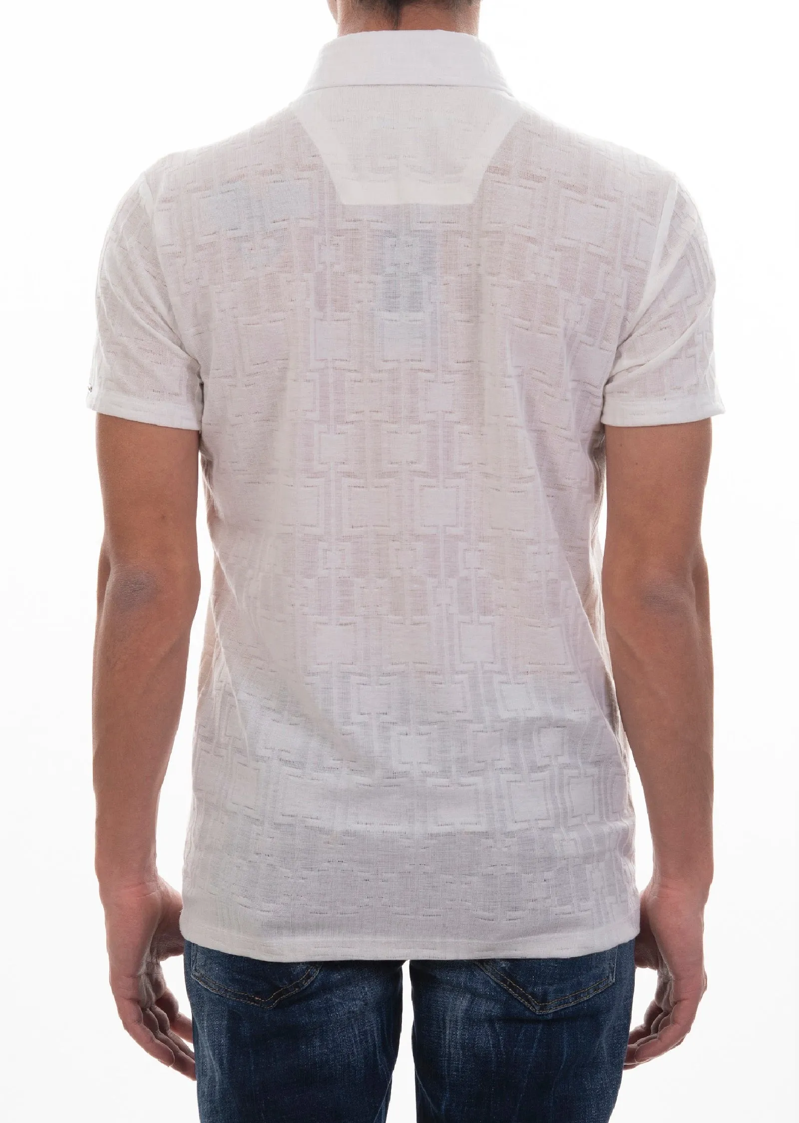 White Emboss Square Knit Polo