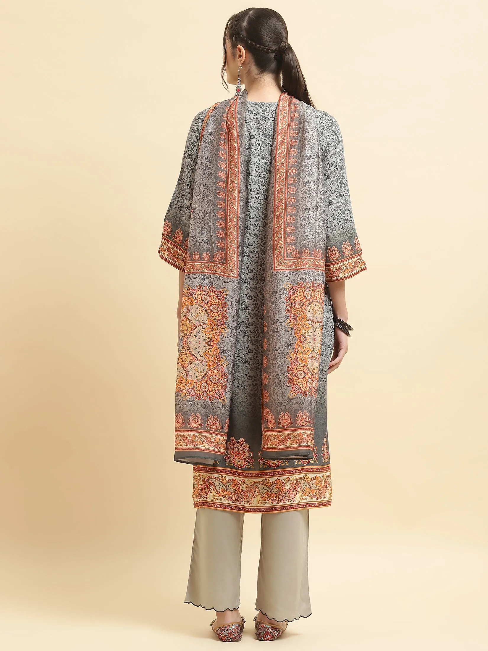 Women Liva Rayon Grey Ornamental Print Kurta Comfort Pant Dupatta