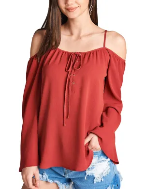 Womens Long Sleeve Open Shoulder Poly Crepe Top with Front Lace-Up