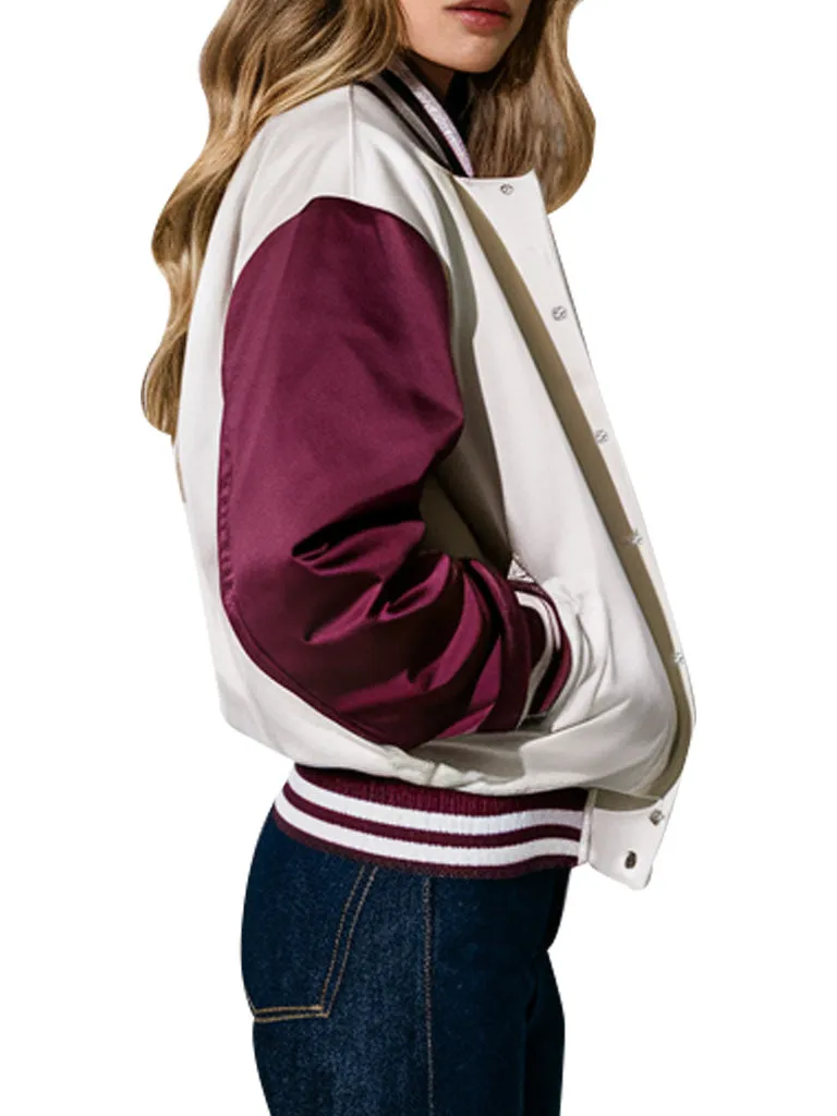 Women's White and Burgundy Varsity Jacket