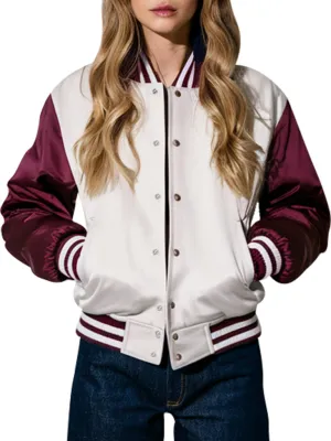 Women's White and Burgundy Varsity Jacket