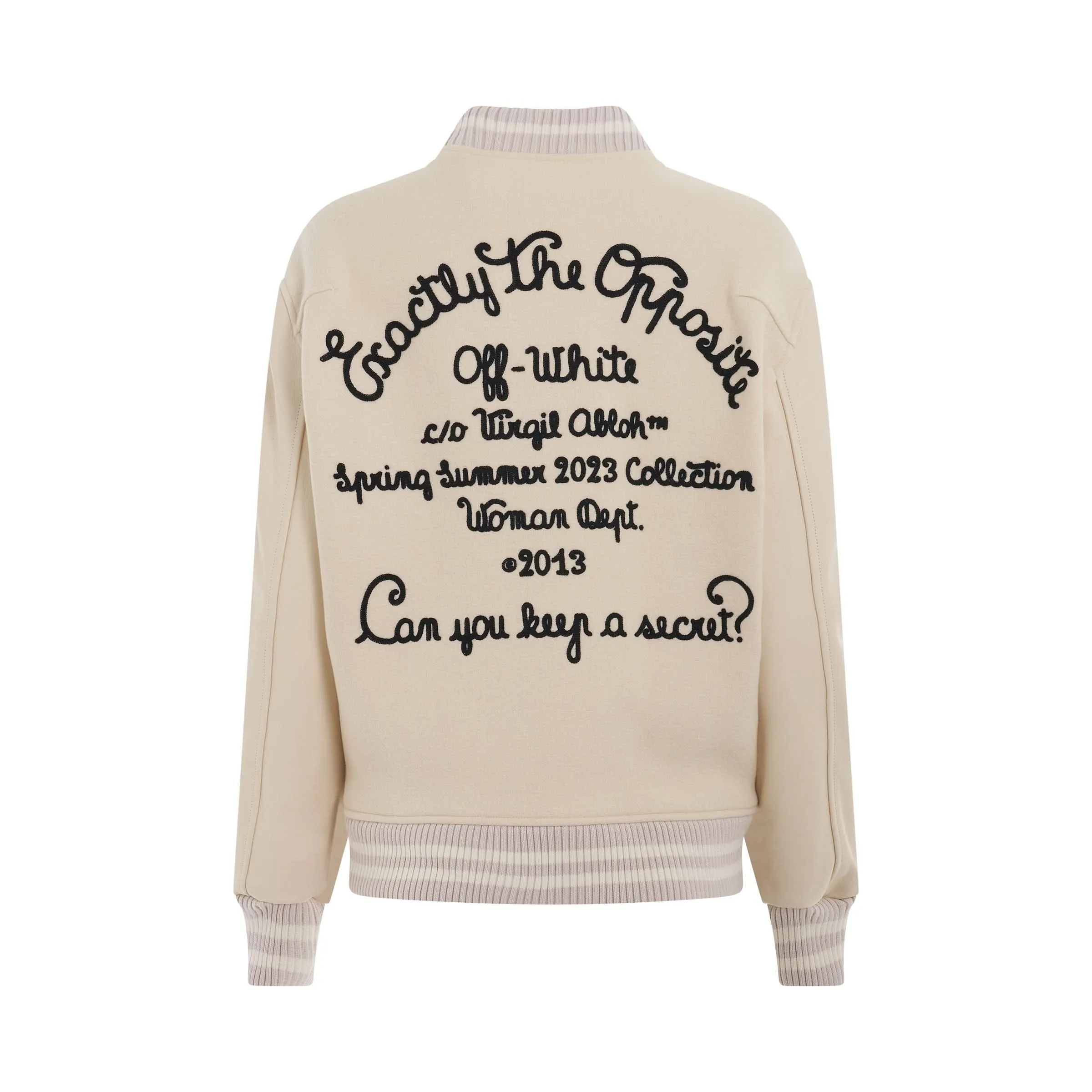 Wool Embroidered Slogan Patch Varsity Jacket in White