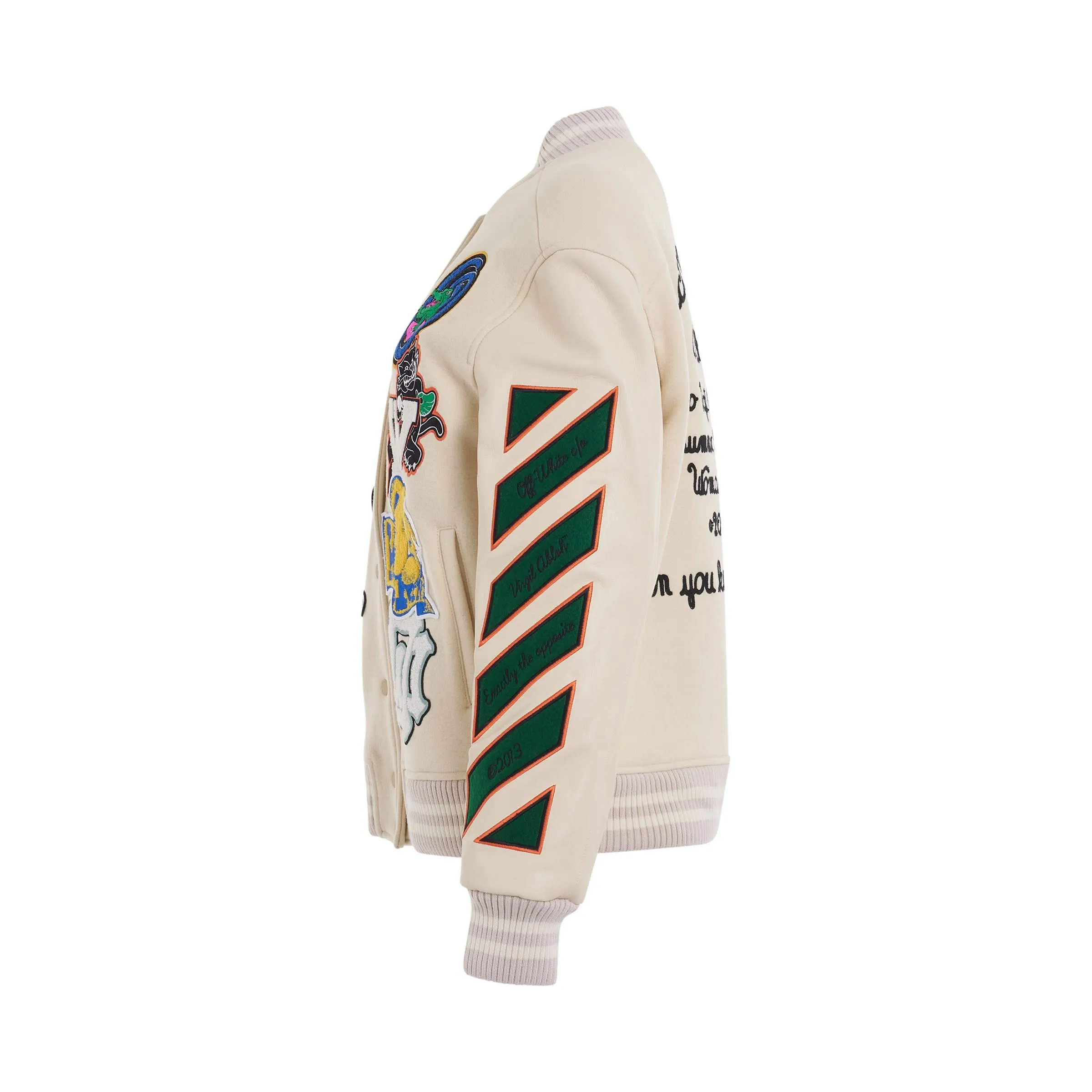 Wool Embroidered Slogan Patch Varsity Jacket in White